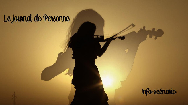 Logo, bannière Le journal de Personne, avec photo Personne jouant du violon en contre jour, devant le soleil, effet ombre chinoise