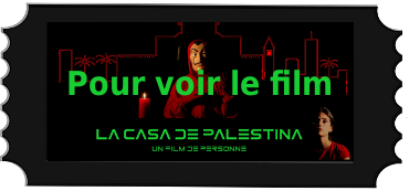 ticket pour film La Casa de Palestina, avec dessin de maison, masque de Dali, Personne et bougie